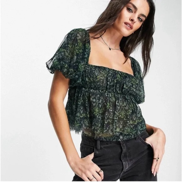 Free People Tops - Free People Penelope Black and Green Sheer Floral Blouse